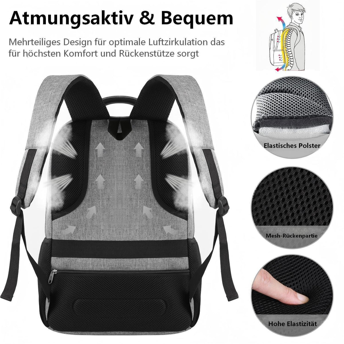 20 Zoll Laptop Rucksack Grau – Schulrucksack für Teenager & Herren