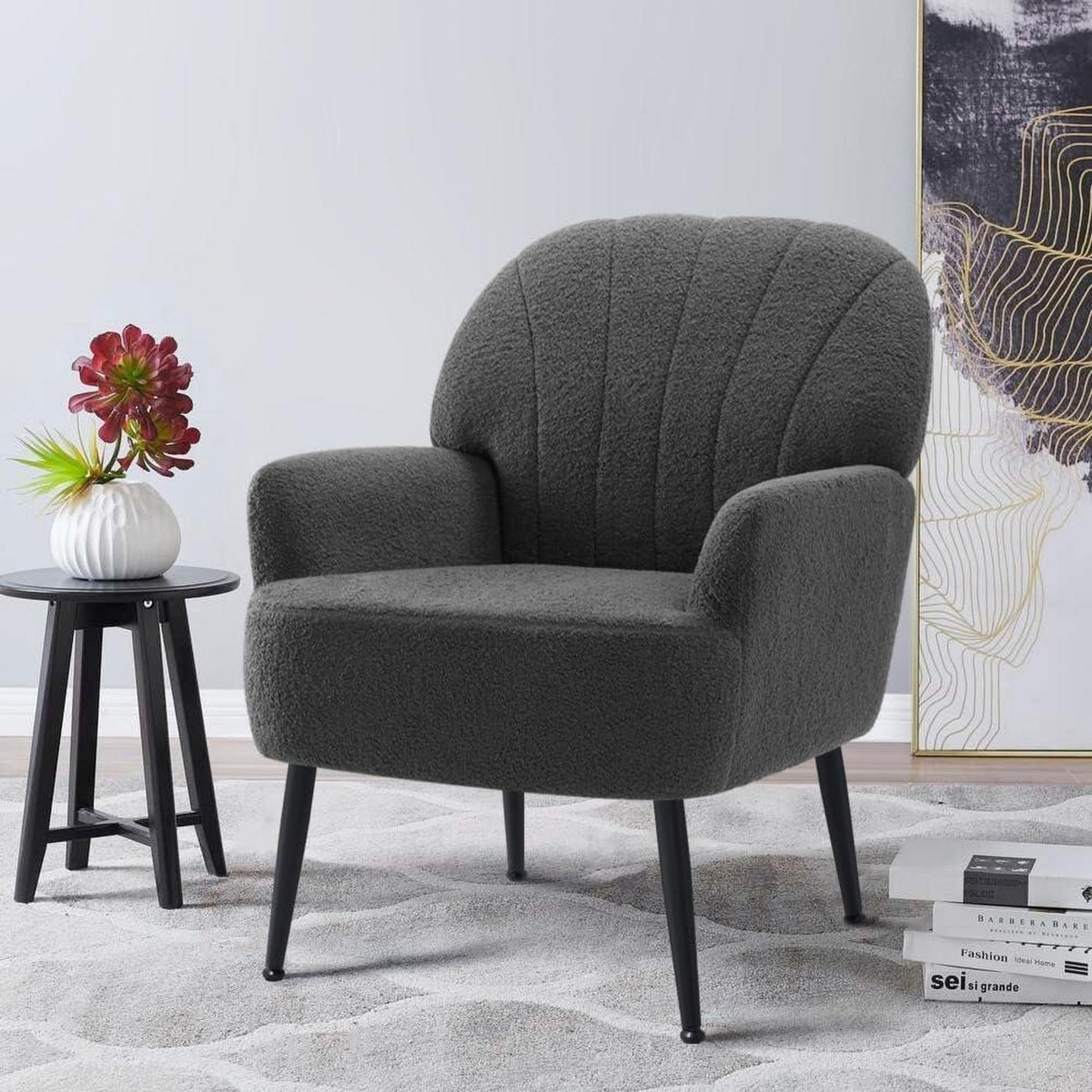 Bequemer Kunstfell Sessel mit Seitentasche – Grau