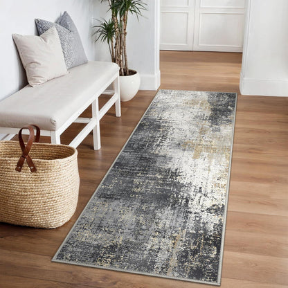 Moderner Läufer Teppich 80x200 cm, Schwarz-Grau, Waschbar & Rutschfest