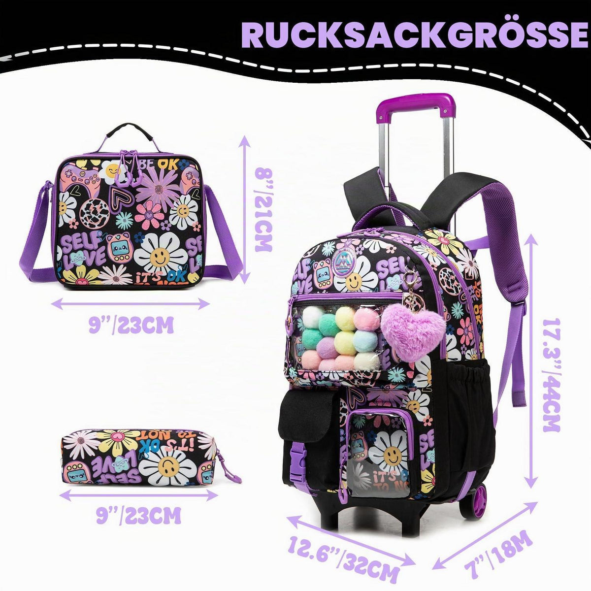 Kinder Trolley Rucksack Set mit Lunchtasche & Federmäppchen Schwarz Blumen