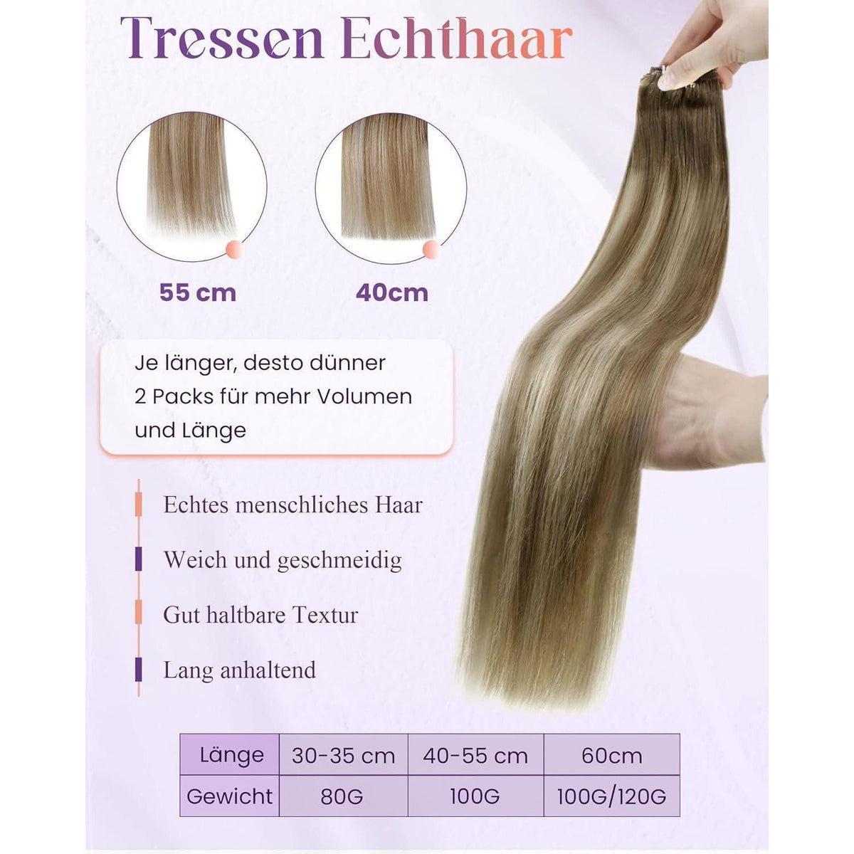 Echthaar Tressen Blayage Braun 55cm – Haarverlängerung Ombre