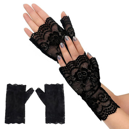 Spitzenhandschuhe Damen Fingerlos Schwarz/Weiß für Braut & Party