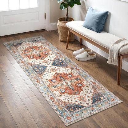 Läufer Flur Vintage Blau-Rot 80x200 cm Waschbarer Teppich