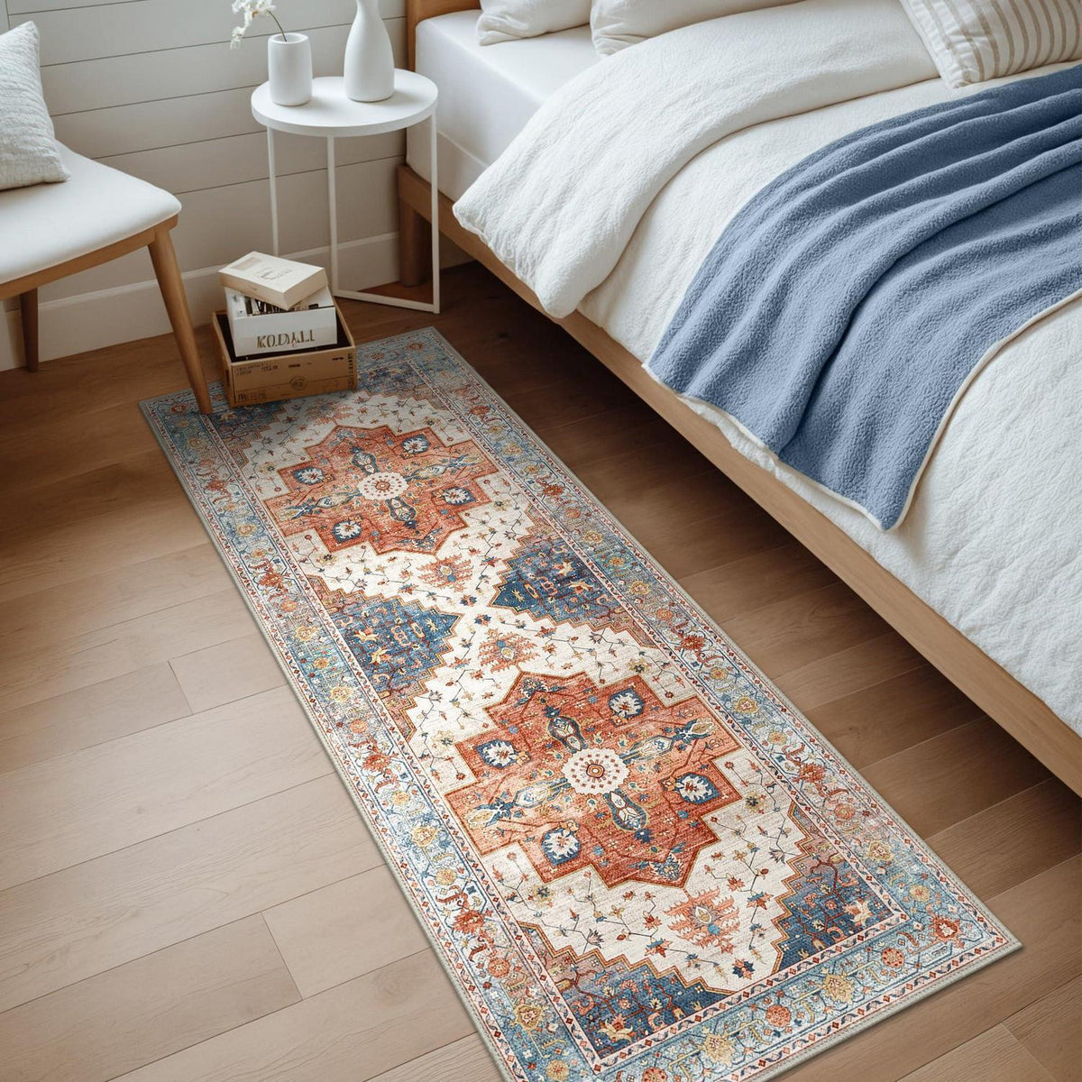 Läufer Flur Vintage Blau-Rot 80x200 cm Waschbarer Teppich