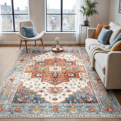 Vintage Teppich Waschbar Blau-Rot 200x290cm Wohnzimmer