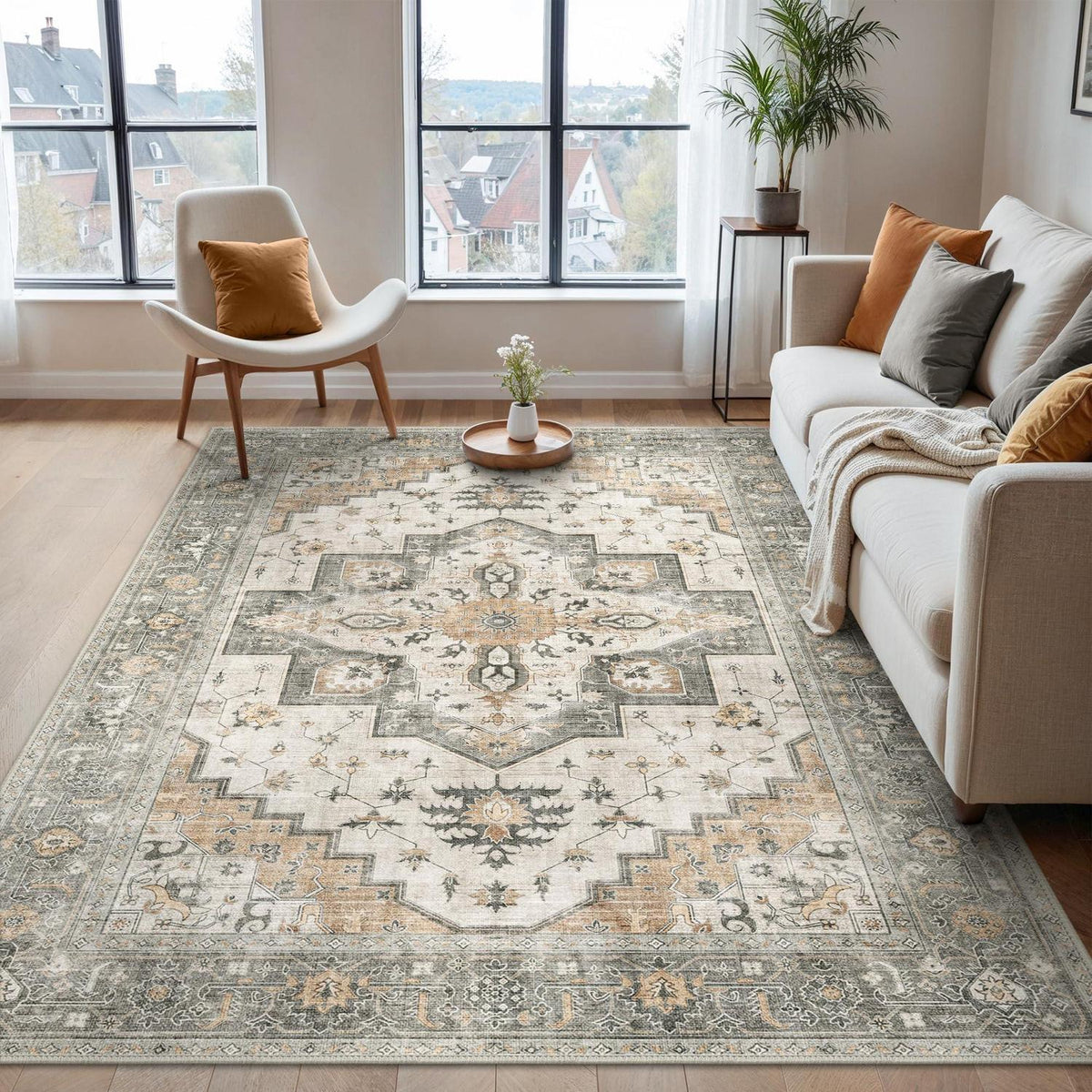 Vintage Teppich Wohnzimmer 200x290cm Taupe – Waschbar & Rutschfest