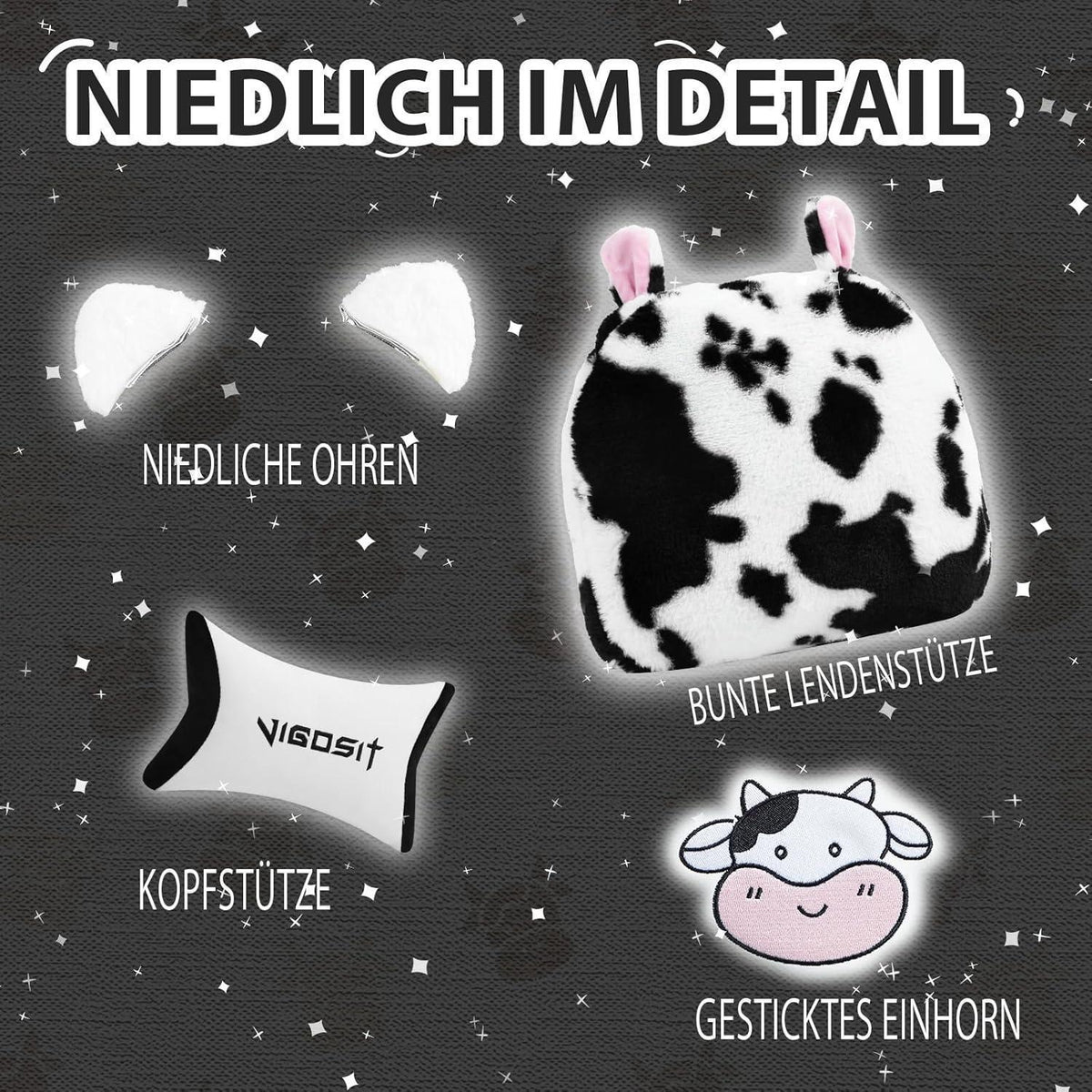 Gaming Stuhl Niedlich mit Ohren & Kawaii Kissen, Ergonomisch für Mädchen