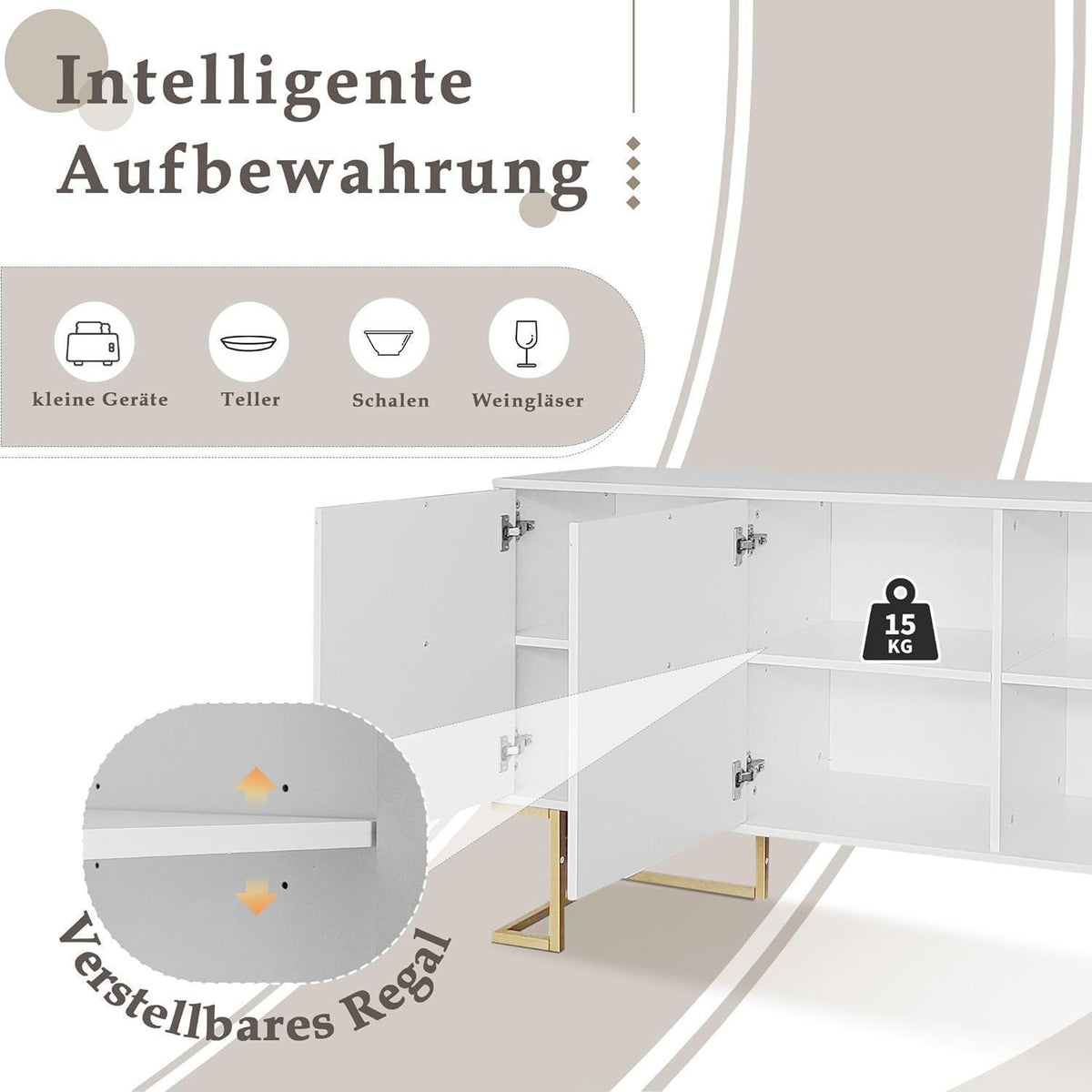 Weißes Sideboard mit 6 Schubladen & verstellbaren Regalen