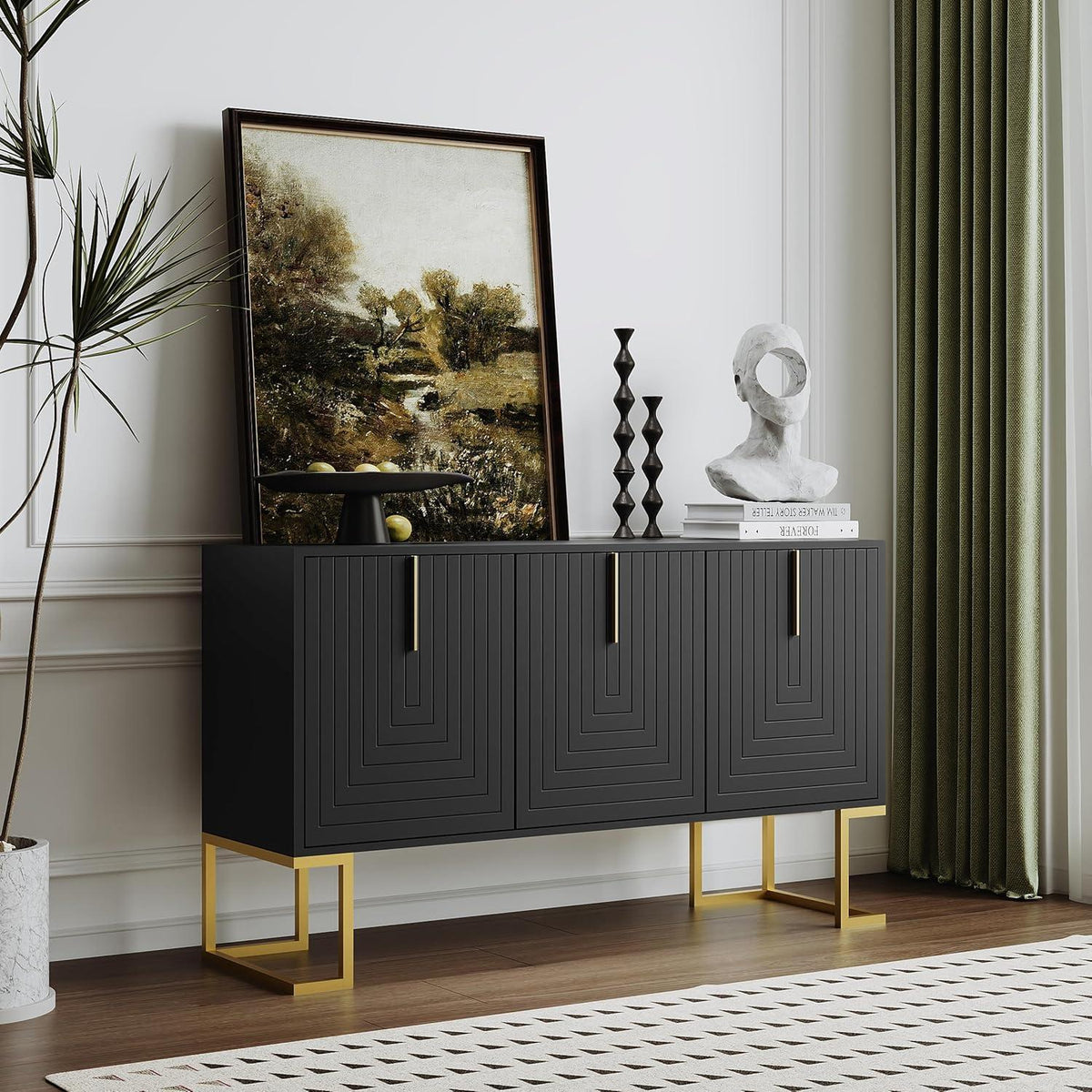 Kommode & Sideboard mit 6 Schubladen & 3 Türen, Schwarz