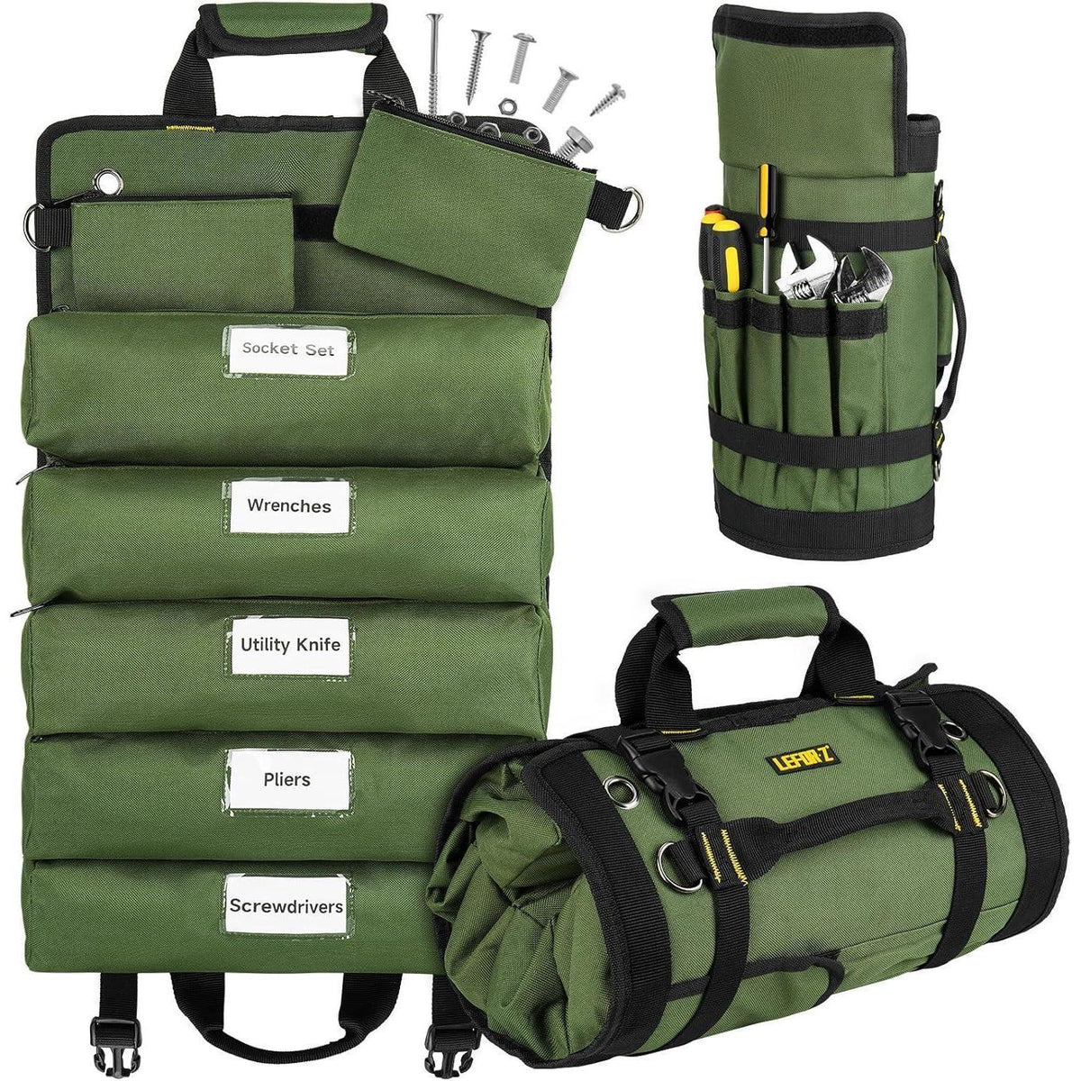 Werkzeug Rolltasche Grün mit 13 Taschen und 2 abnehmbaren Fächern