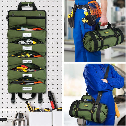 Werkzeug Rolltasche Grün mit 13 Taschen und 2 abnehmbaren Fächern