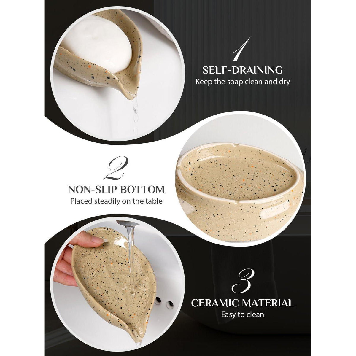 Keramik Seifenschale mit Ablauf – Beige, Blatt Design