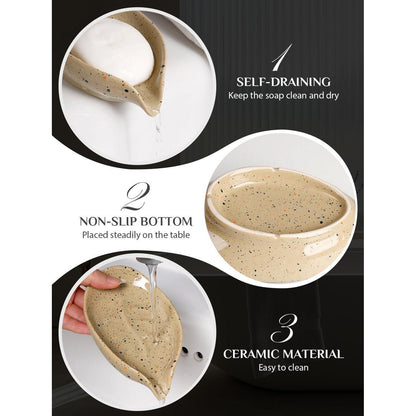 Keramik Seifenschale mit Ablauf – Beige, Blatt Design