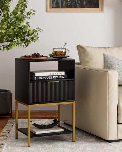 Nachttisch mit Goldrahmen, 3-Tier Lagerung, Schwarz
