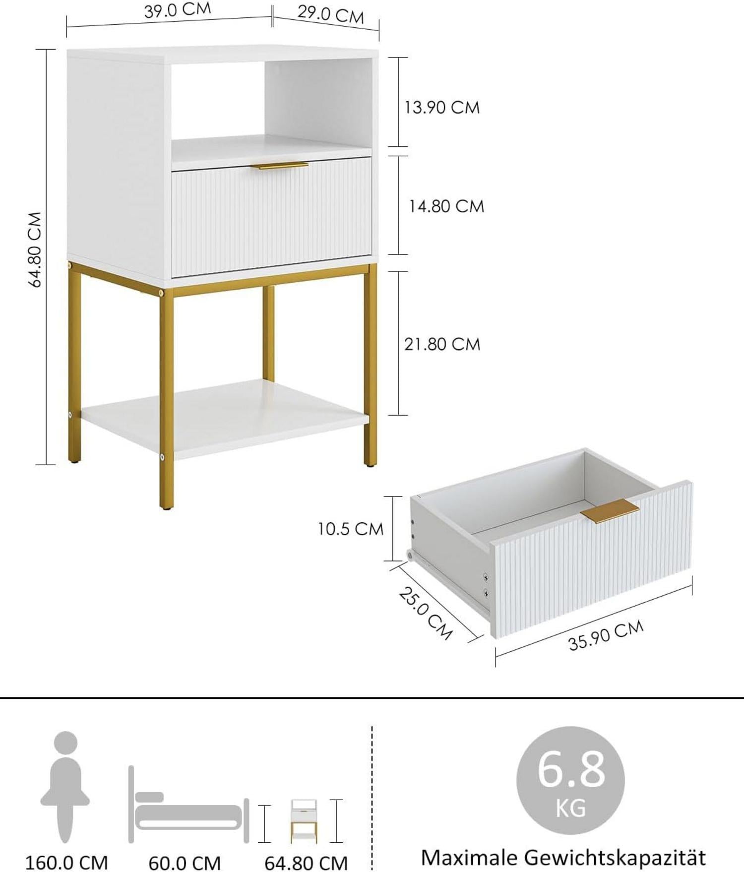 Nachttisch mit Goldrahmen 3-Tier Weiß - Modernes