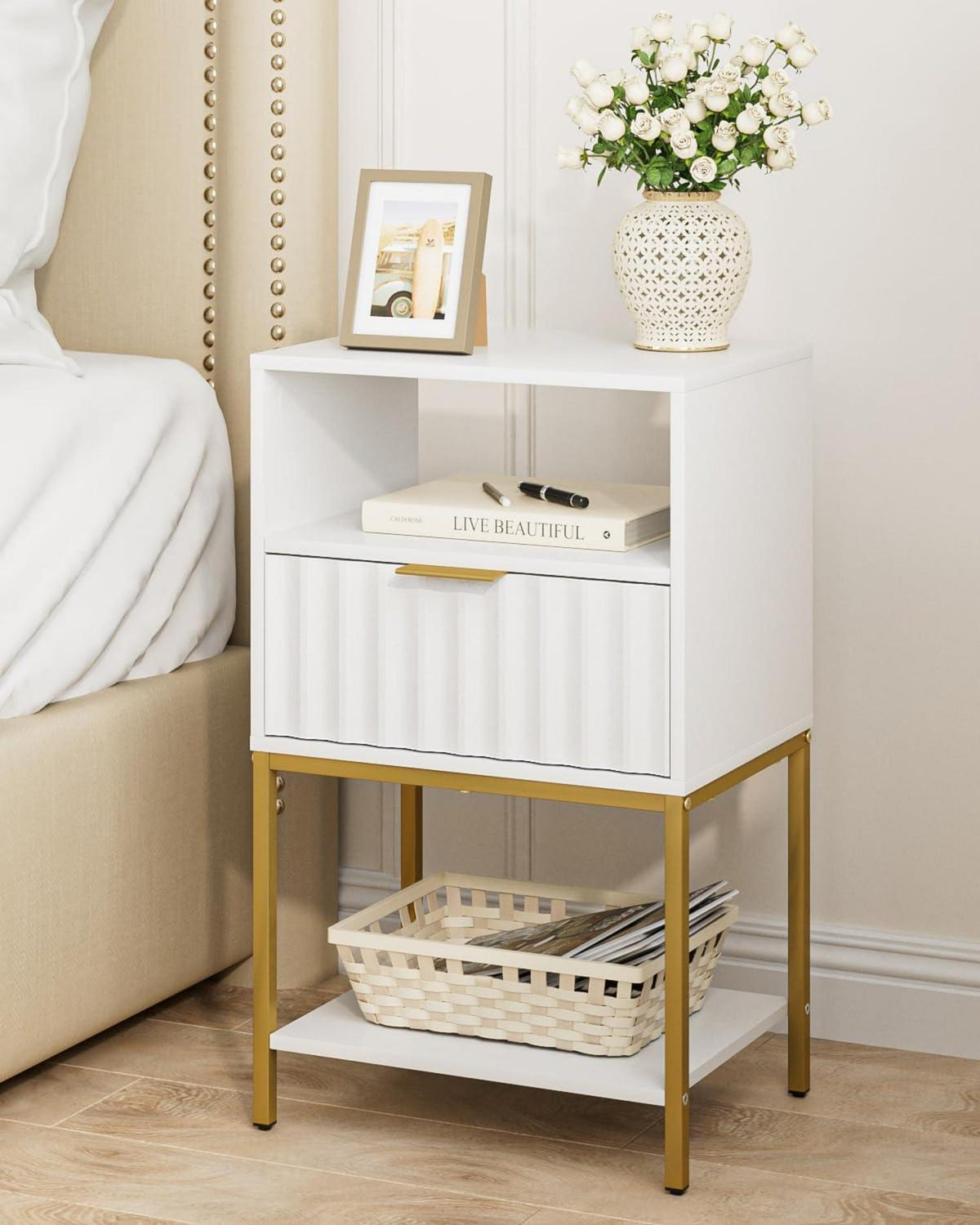 Nachttisch Weiß mit Goldrahmen und Schublade, 3-Tier Endtisch