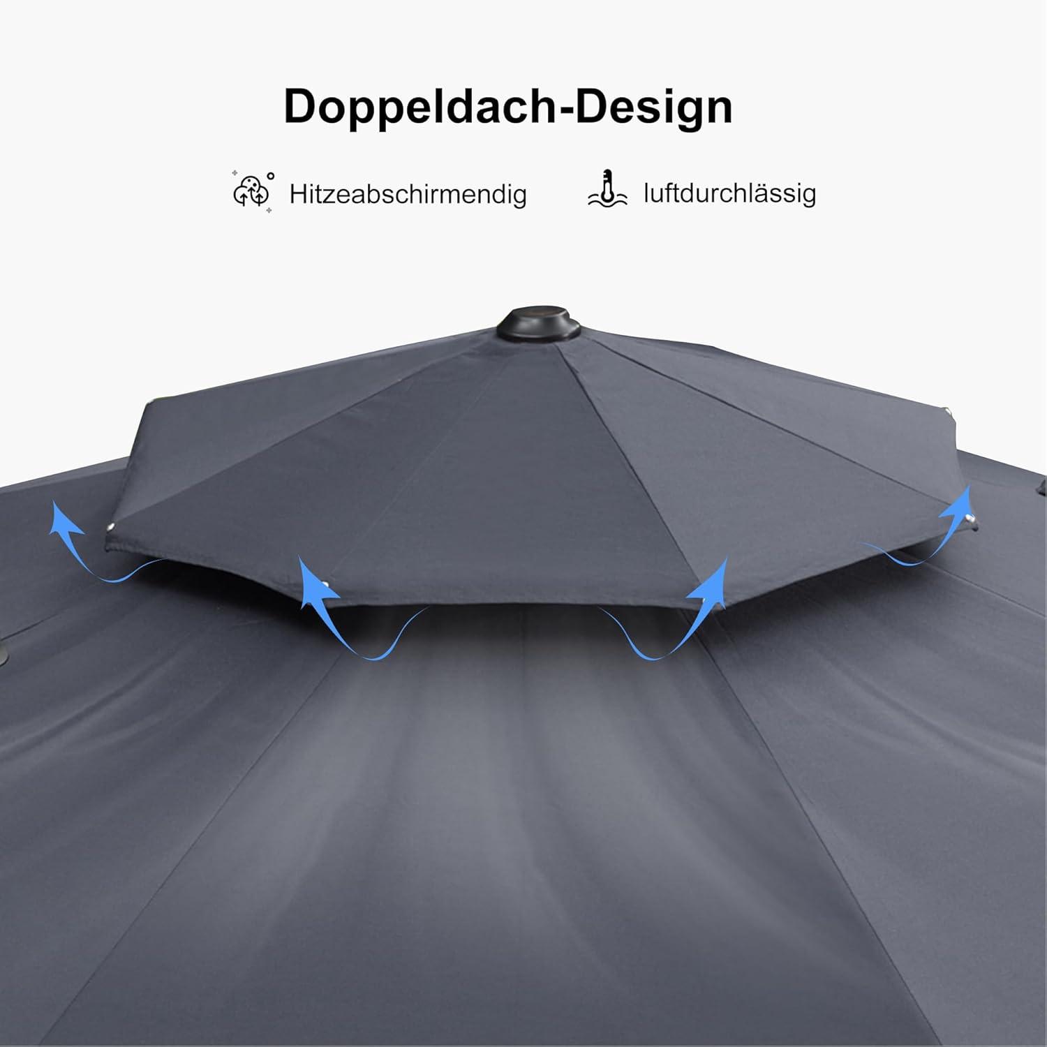 Großer Sonnenschirm 365 cm mit Ständer, Grau, UV50+ Ampelschirm