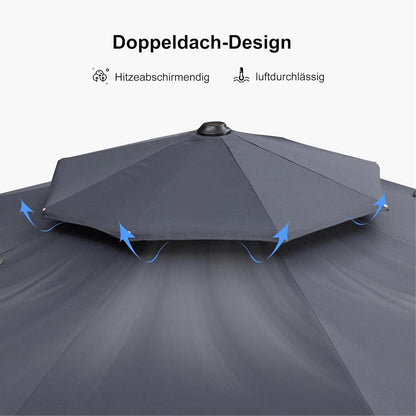 Großer Sonnenschirm 365 cm mit Ständer, Grau, UV50+ Ampelschirm