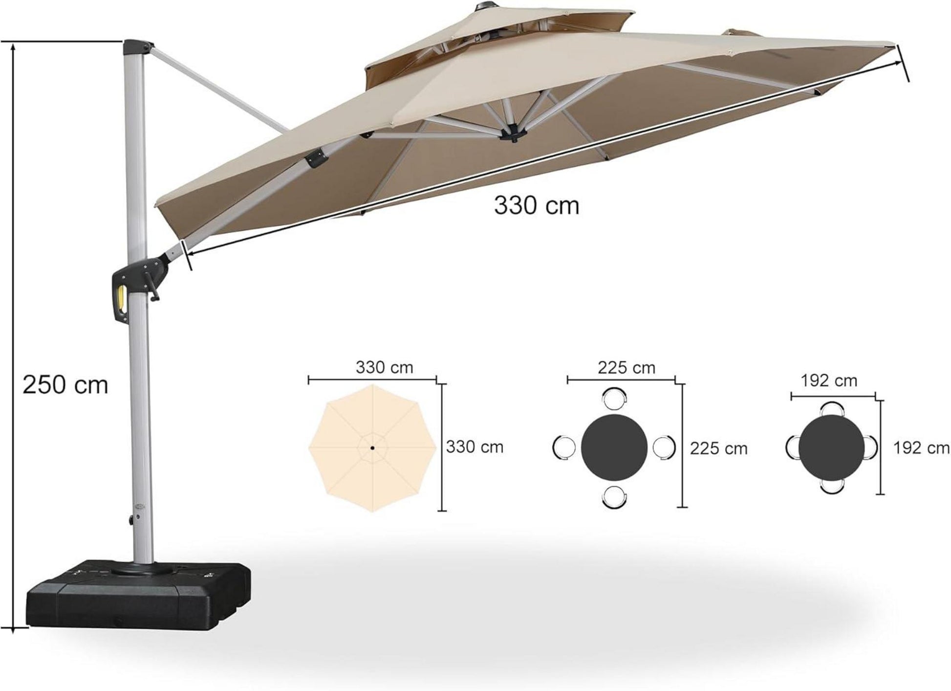 Sonnenschirm 330 cm Ampelschirm Drehbar 360° UV50+ Beige mit Kurbel