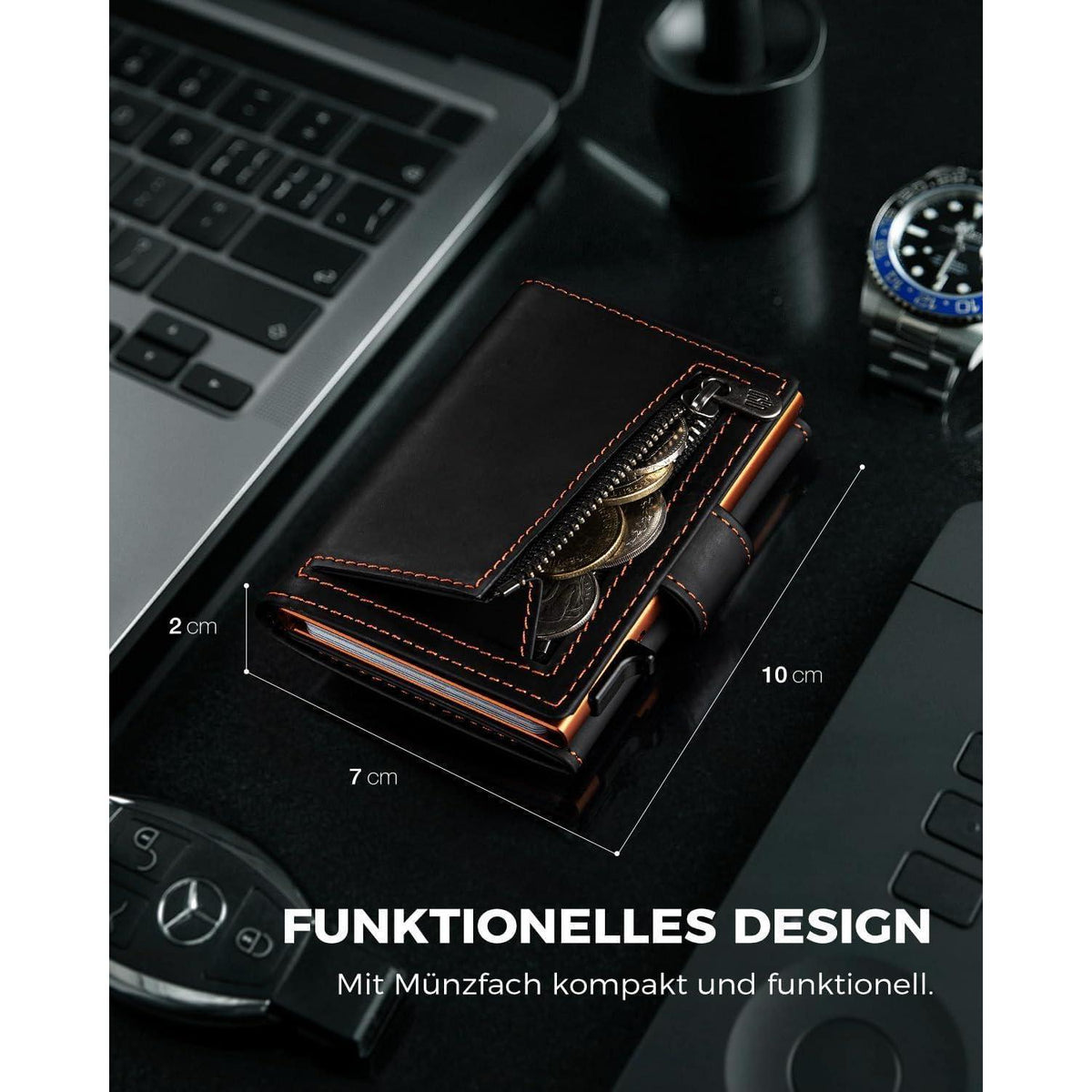 Slim Wallet mit Münzfach, RFID Schutz, Schwarz-Orange
