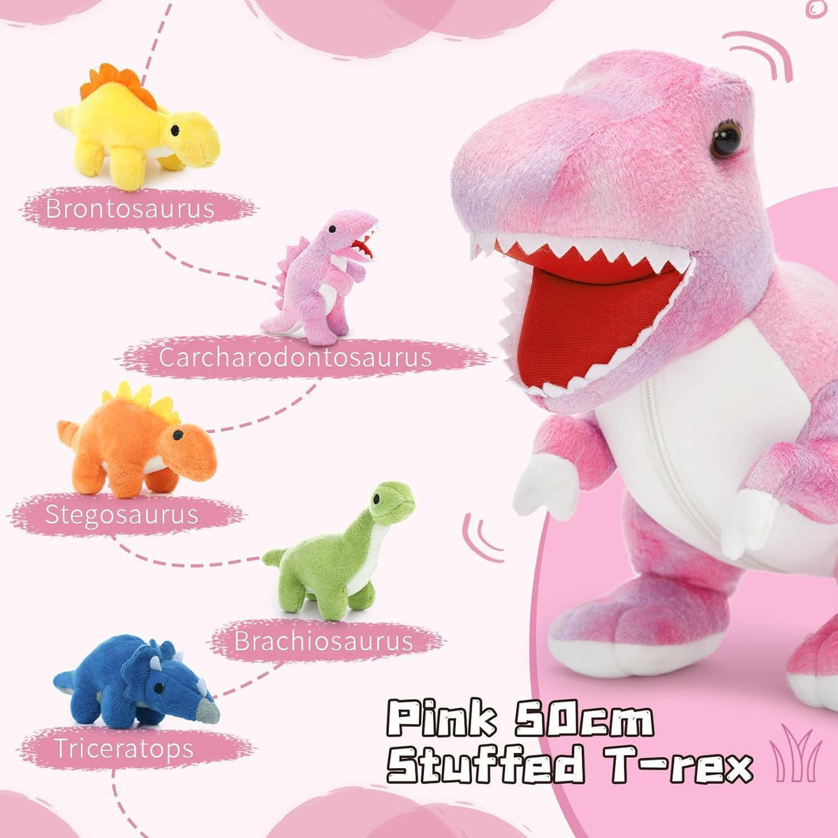 XXL Dino Kuscheltier Set mit 5 Babys im Bauch – Rosa Plüschtier