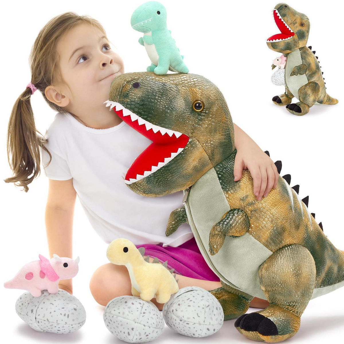 Riesiger Dino Kuscheltier 60cm mit 3 Babys im Bauch