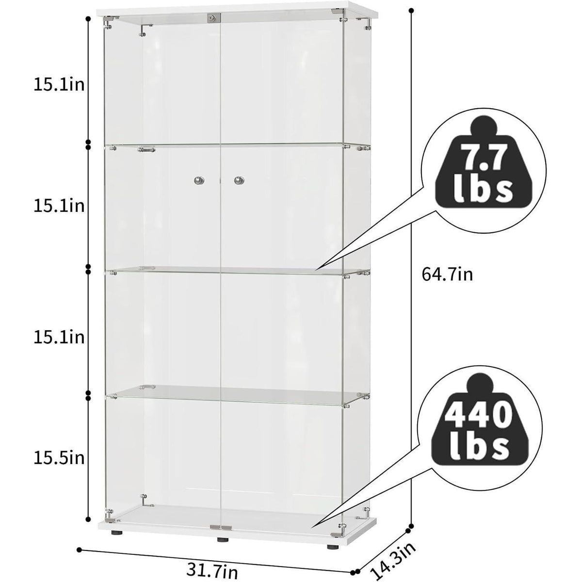 Glasvitrine mit 2 Türen & 4 Einlegeböden – Weiß