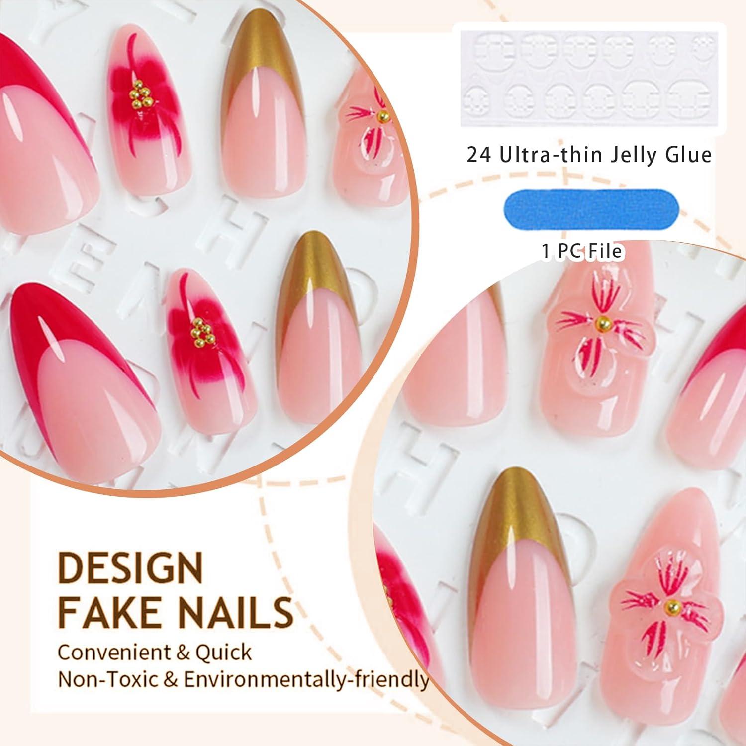 Kurze Mandel 3D Blumen Nagelkunst 24 Stücke