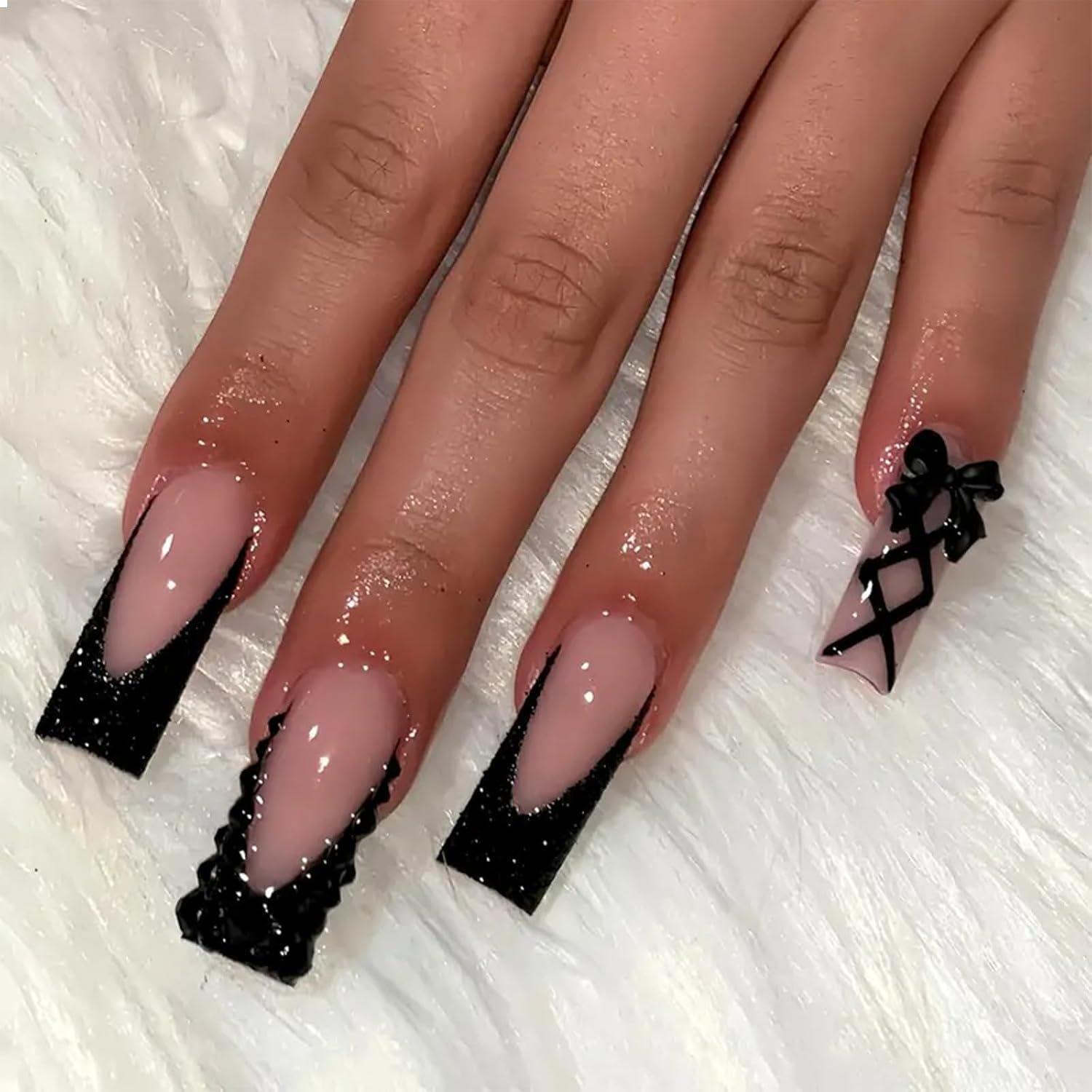24 Stück Press On Nägel Schwarz French Tips Rhinestone