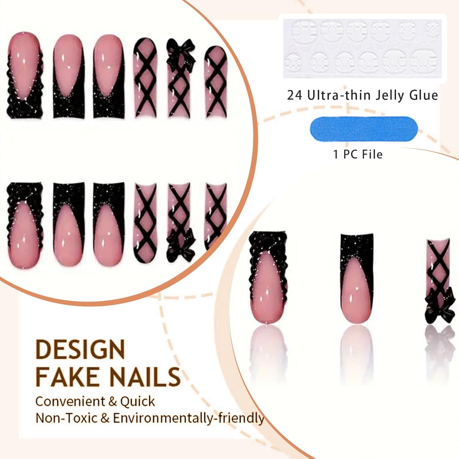 24 Stück Press On Nägel Schwarz French Tips Rhinestone