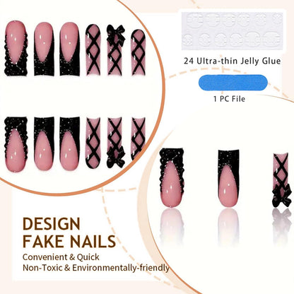 24 Stück Press On Nägel Schwarz French Tips Rhinestone