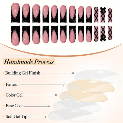 24 Stück Schwarze French Tips Press On Nails mit Rhinestones und