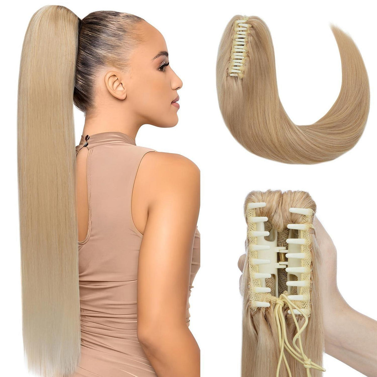 Echthaar Pferdeschwanz Zopf #24 Naturblond mit Klammer 45cm
