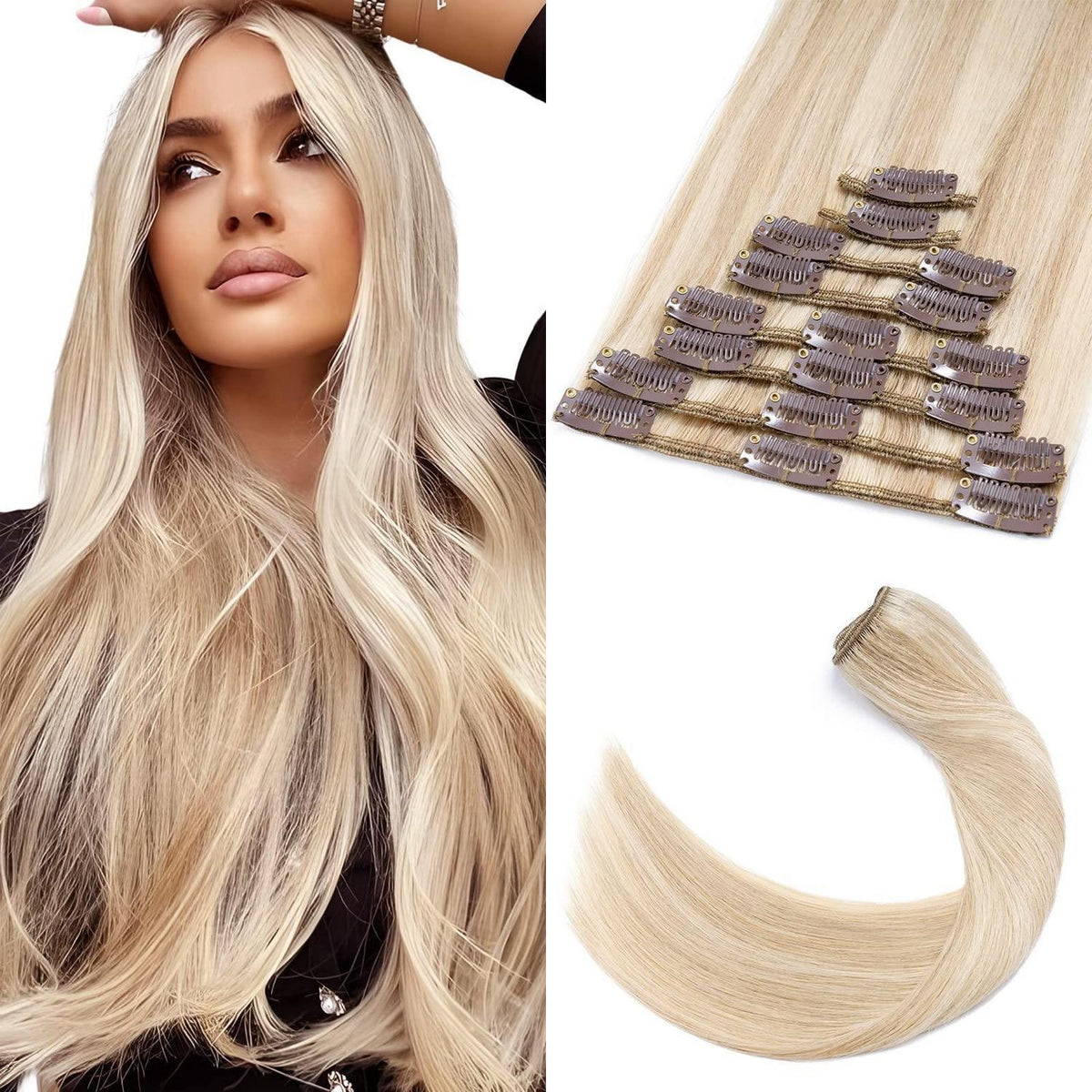 Echthaar Clip-in Extensions – Aschblond & Gebleichtes Blond 50cm