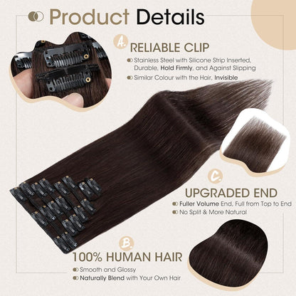 Echthaar Clip-Ins Dunkelbraun (8-teilig) - 20cm