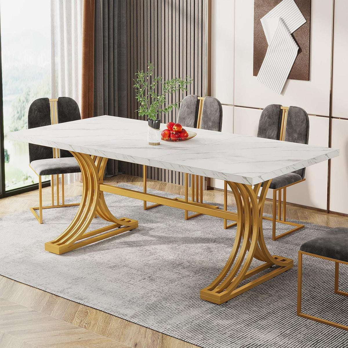 Moderner Esstisch 160x80 cm – Weiß & Gold, Kunstmarmorplatte
