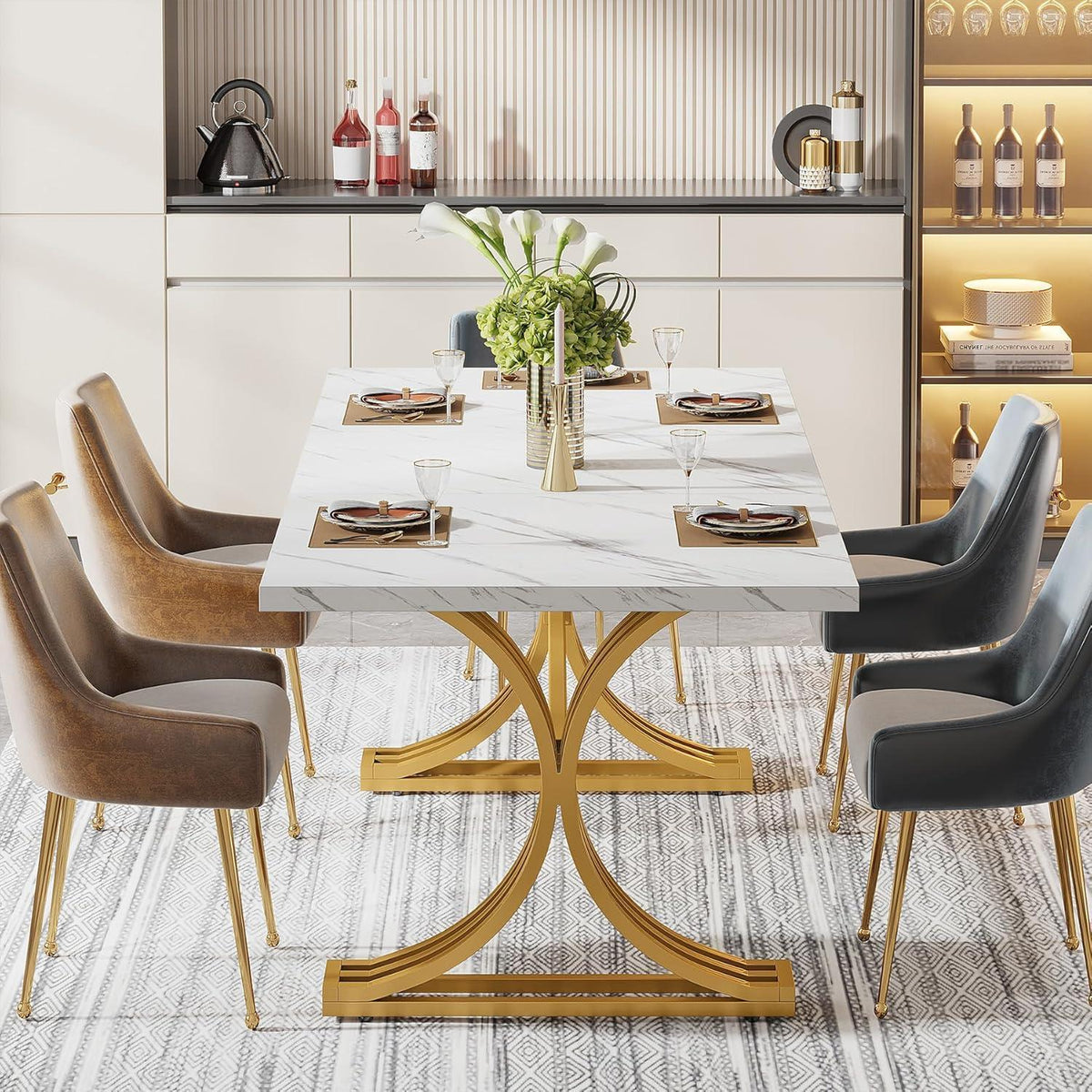 Moderner Esstisch 160x80 cm – Weiß & Gold, Kunstmarmorplatte