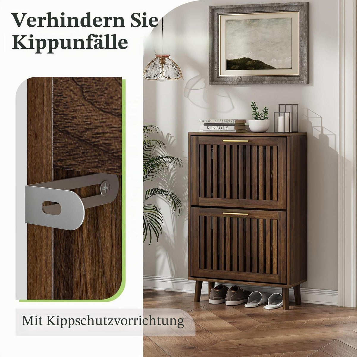 Schmaler Schuhschrank mit Klapptüren & Lamellen – Walnuss