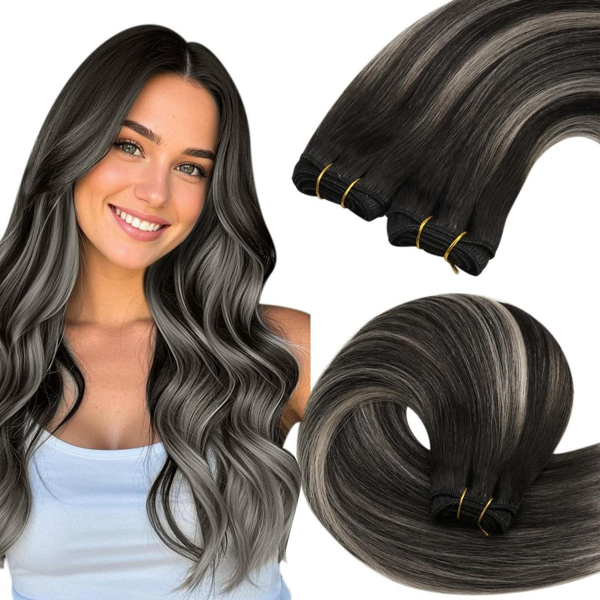 Echthaar Tressen Ombre Schwarz Silber 60cm - 100g