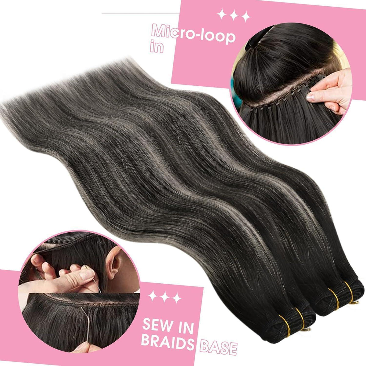 Echthaar Tressen Ombre Schwarz Silber 60cm - 100g