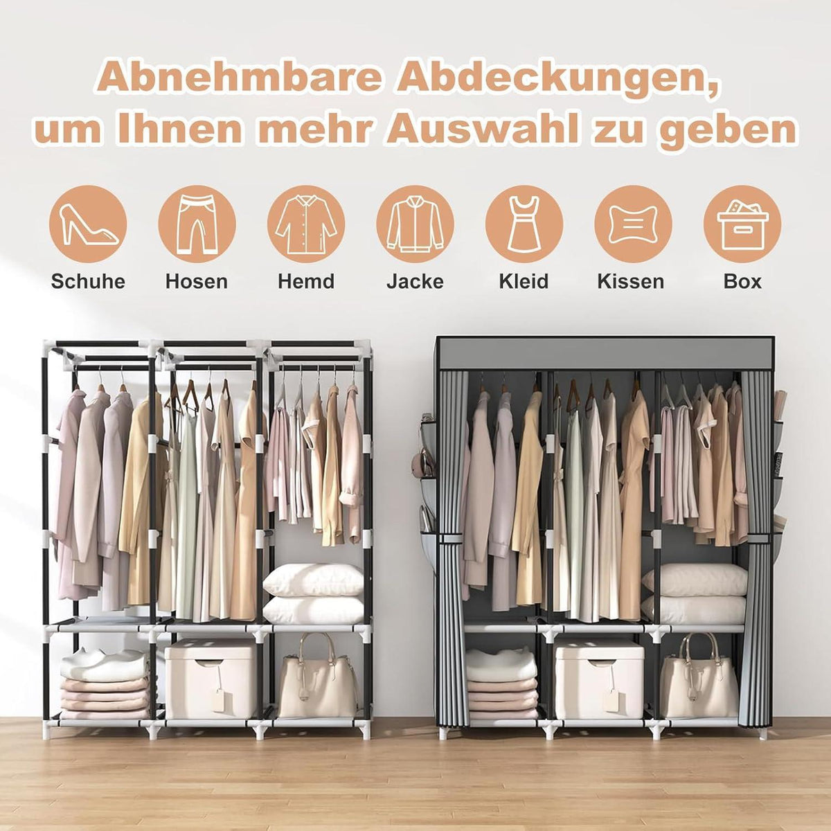 Faltbarer Kleiderschrank mit 3 Kleiderstangen & Abdeckung