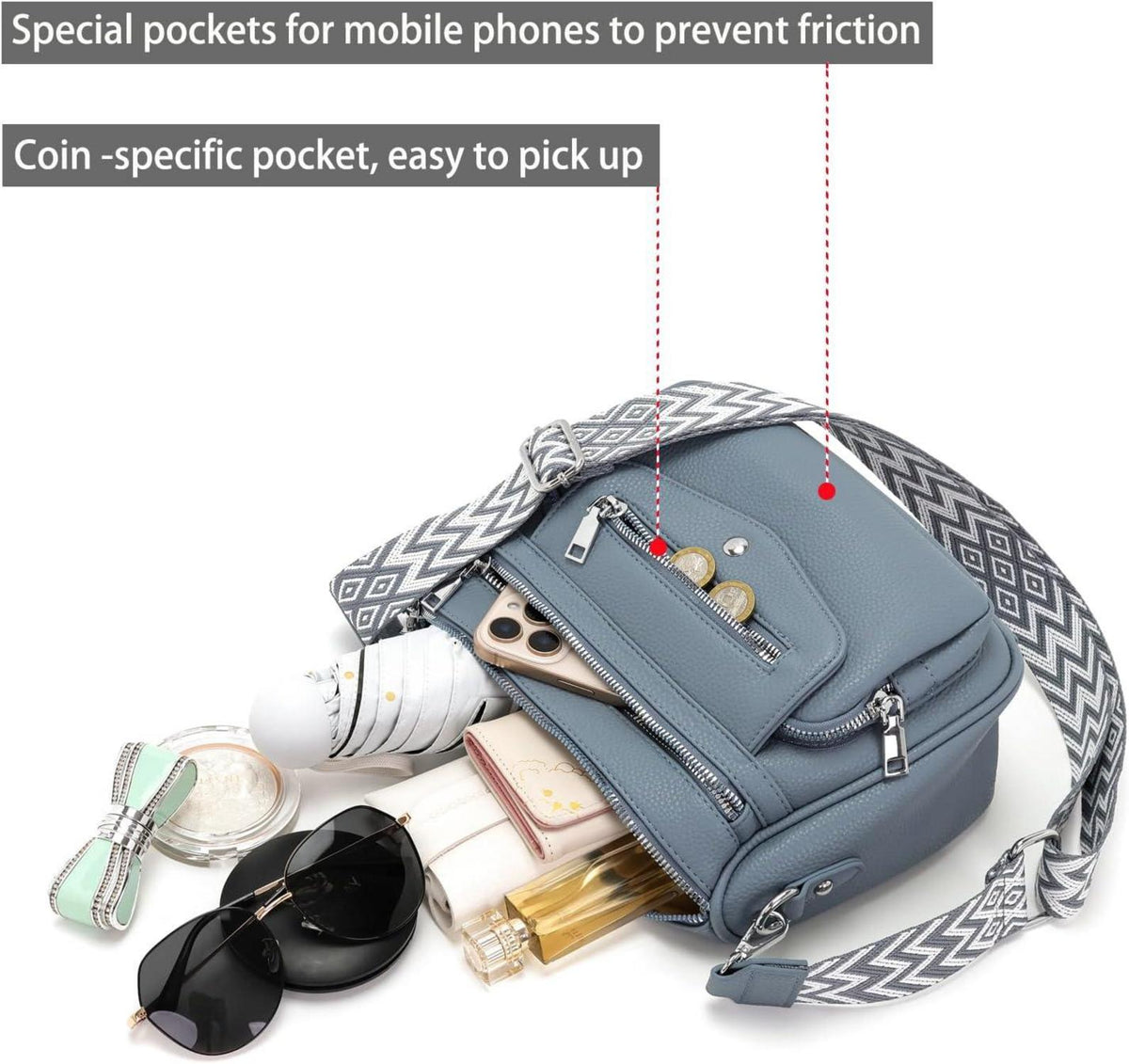 Damen Umhängetasche Crossbody Bag 5 Taschen 7 Fächer Blau