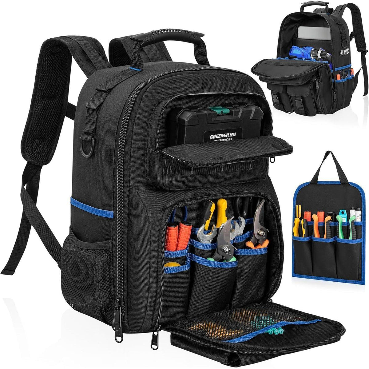 Werkzeugrucksack mit Organizer, wasserdicht, gepolstert, Schwarz/Blau