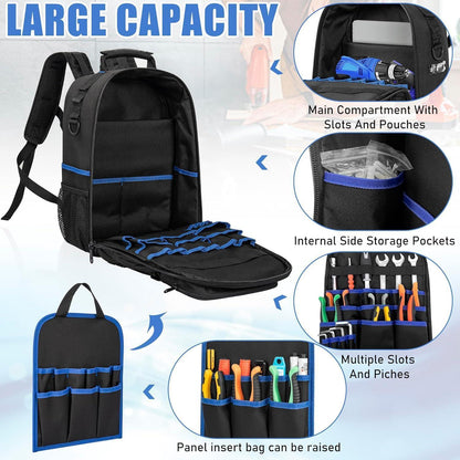 Werkzeugrucksack mit Organizer, wasserdicht, gepolstert, Schwarz/Blau