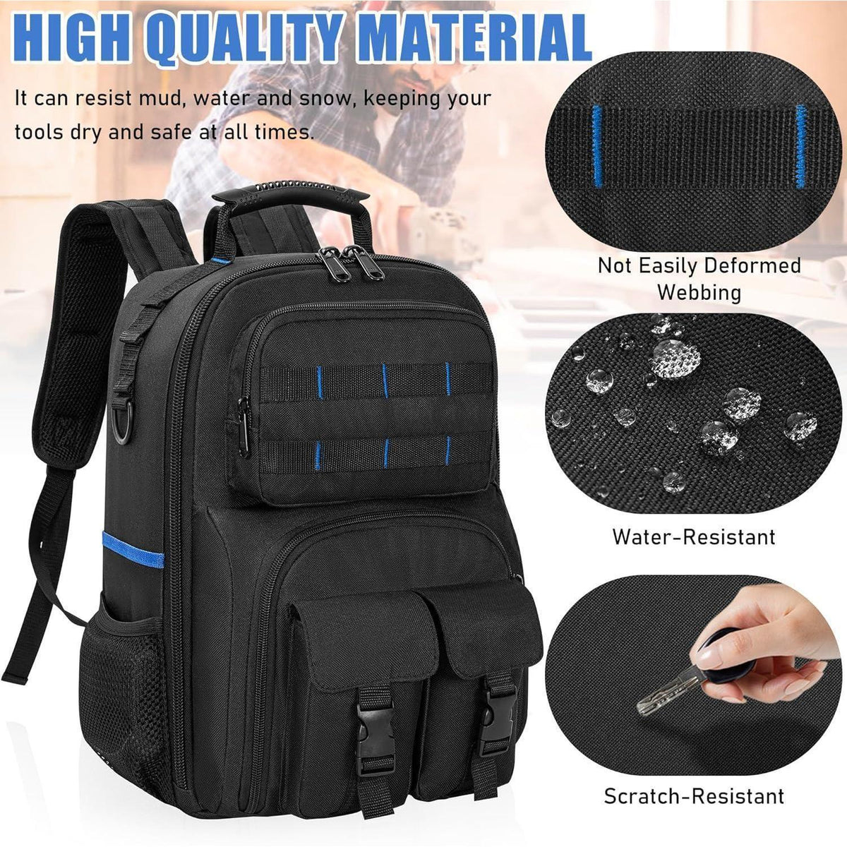 Werkzeugrucksack mit Organizer, wasserdicht, gepolstert, Schwarz/Blau