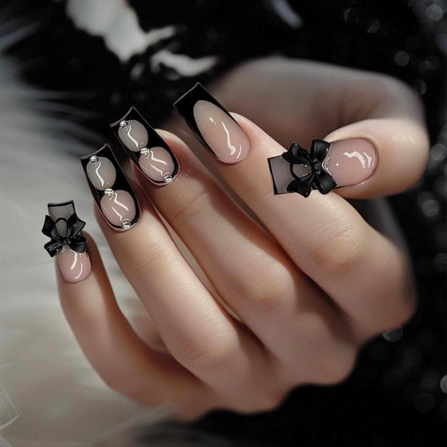 24er Set Künstliche Nägel mit Schleifen Design Schwarzfrauen