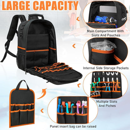 Werkzeugrucksack mit Organizer, wasserdicht, gepolstert, Schwarz Orange