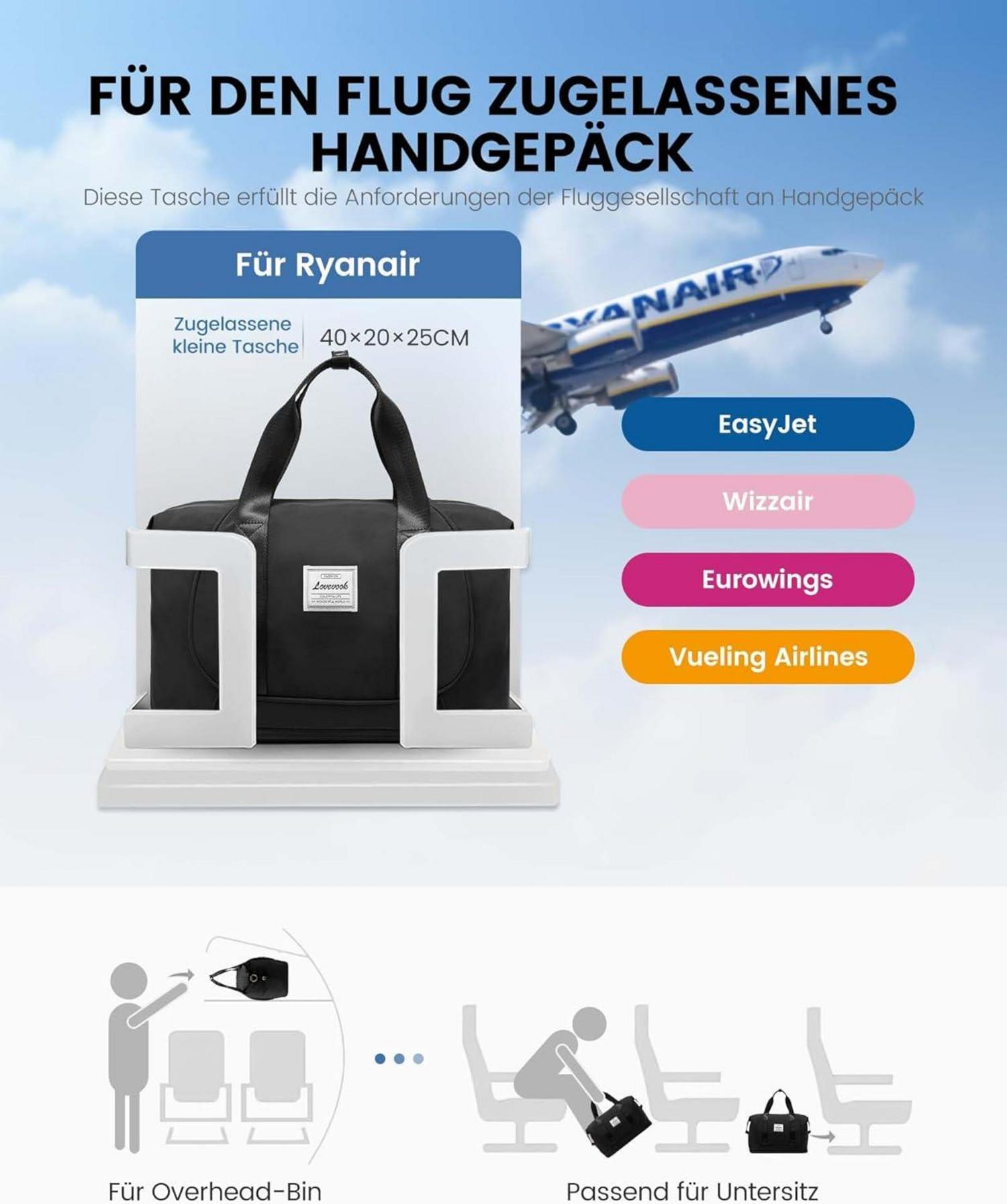 Handgepäck Tasche Ryanair 40x20x25 erweiterbar Carry On Cabin Travel Bag für Damen Herren