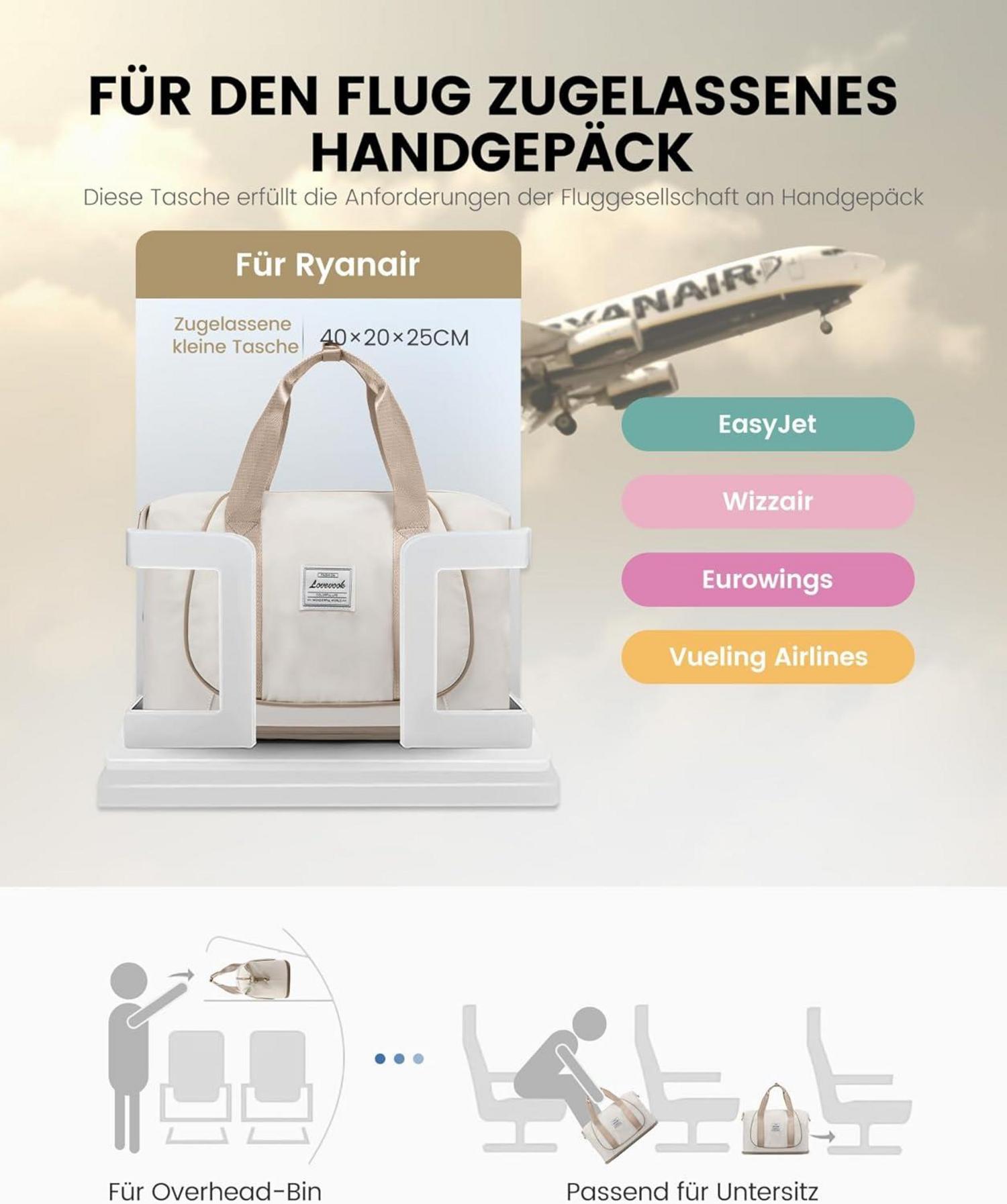 Handgepäck Tasche Ryanair 40x20x25 Erweiterbar Carry On Luggage für Reisen