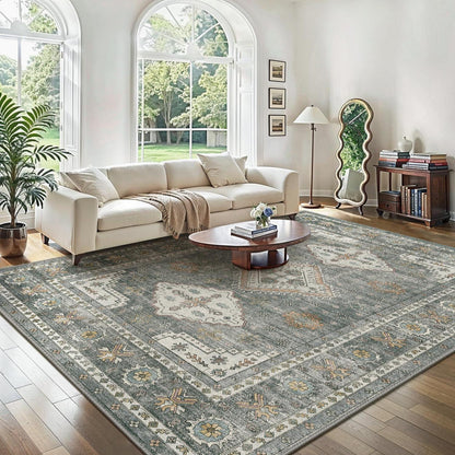 Vintage Teppich 200x290 cm – Stahlblau Grau | Wohnzimmer Teppich